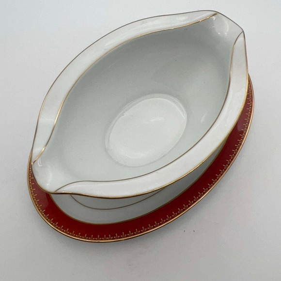 Noritake Goldhill 6613 Gravy Boat w Underplate Red Gold Trim Japan EUC
